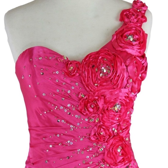 Size 10 Hot Pink Tony Bowls One Shoulder Floral Cocktail Dress (fits like an 8) - Picture 3 of 13